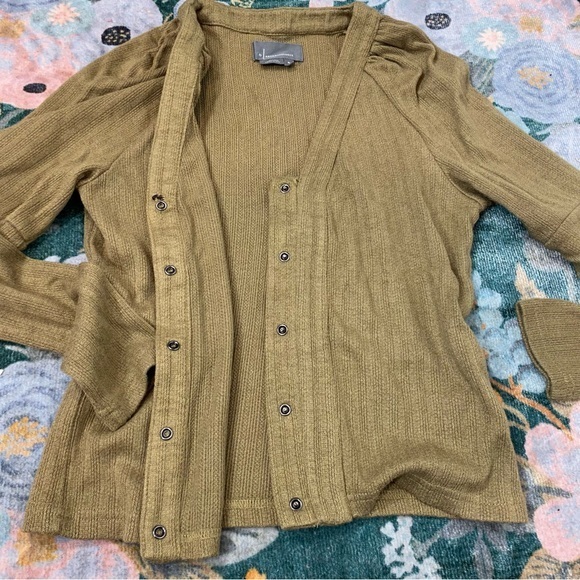 Anthropologie NEW Puff Sleeve Neutral Olive Green Lightweight Cardigan Sweater - Picture 4 of 15